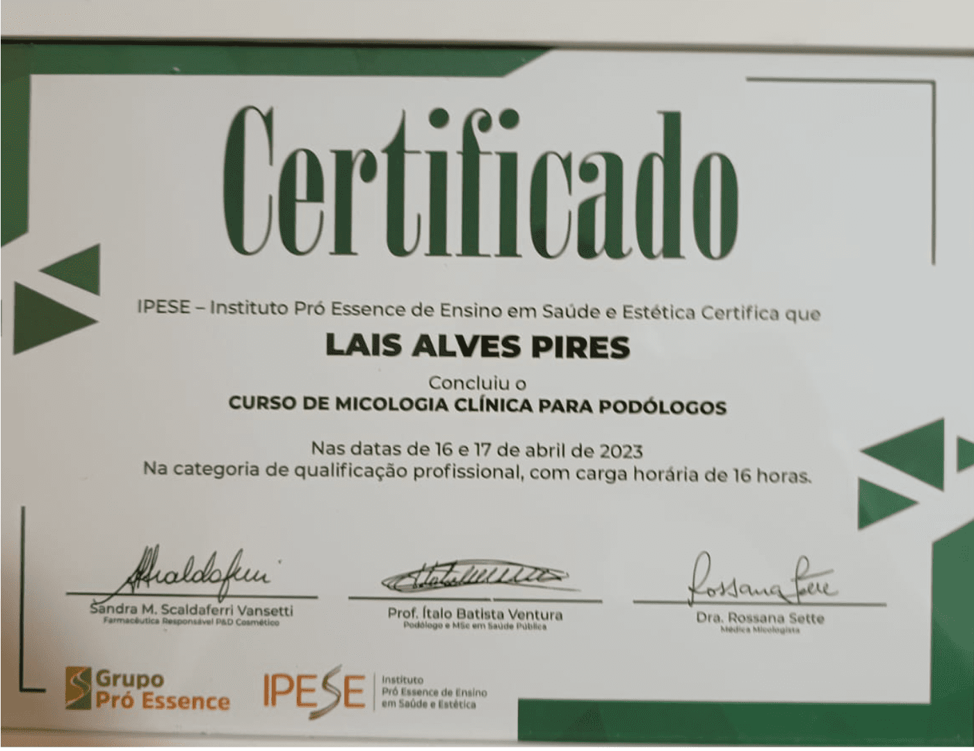 Certificado IPESE do Curso de Onicocriptose de Lais Pires