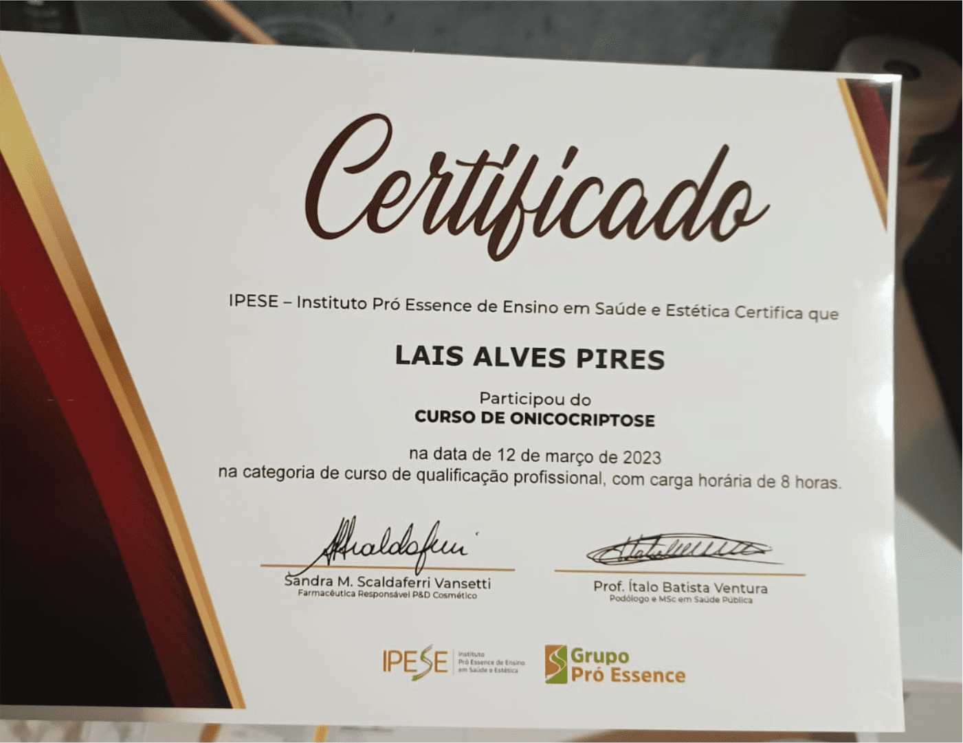 Certificado do Instituto Ítalo Ventura em Podopediatria de Lais Pires